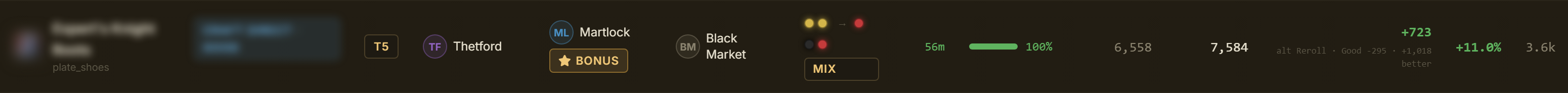 A row with the reroll combo badge