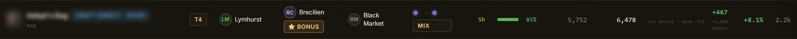 A row with the reroll combo badge